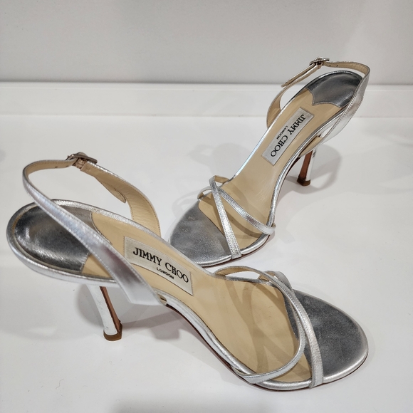 JIMMY CHOO Jasmin 105 Metallic Silver Nappa Leather Strappy Sandals Sz 37.5 - Picture 4 of 13